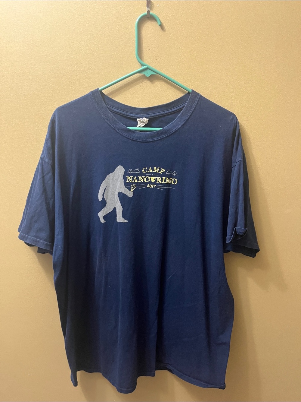 Gildan Navy Short Sleeve Camp NaNoWriMo Bigfoot Writer Graphic Tee